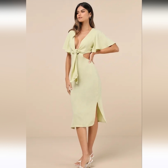 LULU'S Summer Journey Light Green Tie-Front Cutout Midi Dress. Size Small - Picture 5 of 16